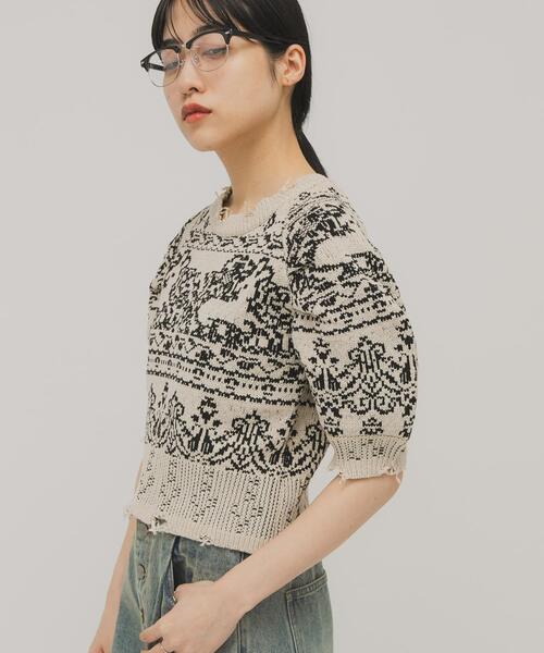 KBF（ケイビーエフ）の「ジャガードハーフスリーブニット（ニット/セーター・レディース・ベージュ/ネイビー・ONE）」の6枚目の写真