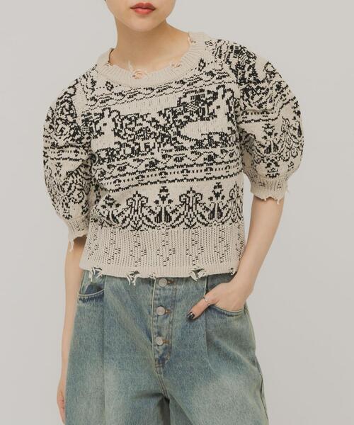 KBF（ケイビーエフ）の「ジャガードハーフスリーブニット（ニット/セーター・レディース・ベージュ/ネイビー・ONE）」の7枚目の写真