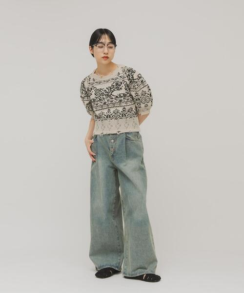 KBF（ケイビーエフ）の「ジャガードハーフスリーブニット（ニット/セーター・レディース・ベージュ/ネイビー・ONE）」の9枚目の写真