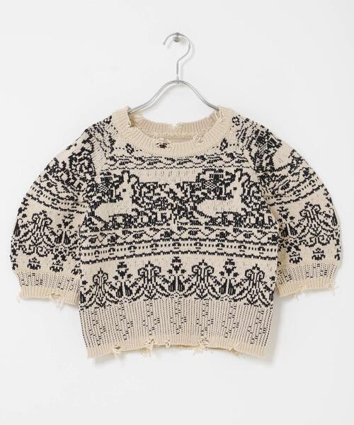 KBF（ケイビーエフ）の「ジャガードハーフスリーブニット（ニット/セーター・レディース・ベージュ/ネイビー・ONE）」の10枚目の写真