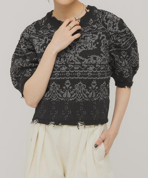 KBF（ケイビーエフ）の「ジャガードハーフスリーブニット（ニット/セーター・レディース・ベージュ/ネイビー・ONE）」の13枚目の写真