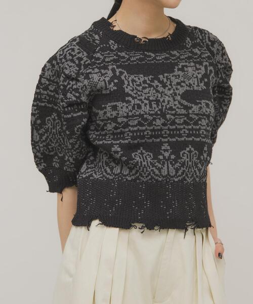 KBF（ケイビーエフ）の「ジャガードハーフスリーブニット（ニット/セーター・レディース・ベージュ/ネイビー・ONE）」の14枚目の写真