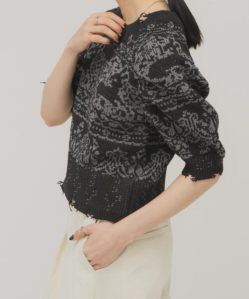 KBF（ケイビーエフ）の「ジャガードハーフスリーブニット（ニット/セーター・レディース・ベージュ/ネイビー・ONE）」の15枚目の写真