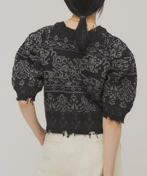 KBF（ケイビーエフ）の「ジャガードハーフスリーブニット（ニット/セーター・レディース・ベージュ/ネイビー・ONE）」の16枚目の写真