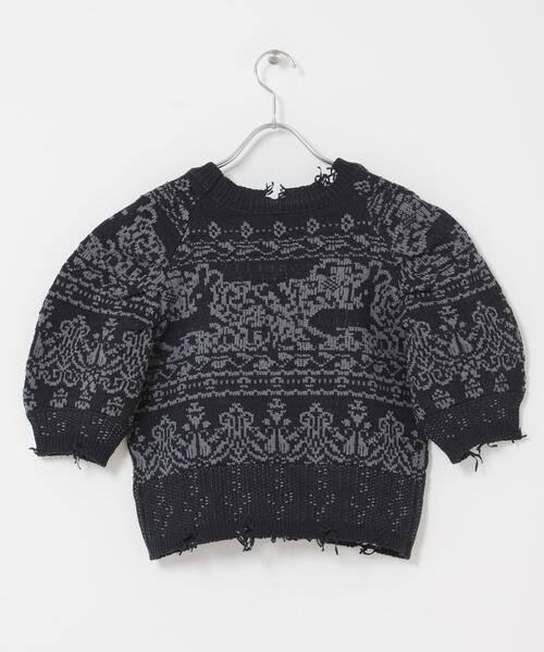 KBF(ケイビーエフ)の「ジャガードハーフスリーブニット(ニット/セーター・レディース・ネイビー/ベージュ・ONE)」の8枚目の写真