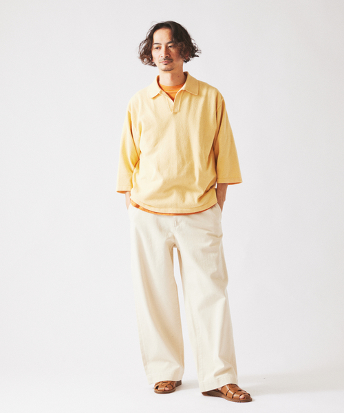 JOURNAL STANDARD relume（ジャーナルスタンダード　レリューム）の「ウォッシャブル ブークレニット スキッパー ポロシャツ（Tシャツ/カットソー・メンズ・ネイビー/スカイブルー/ライトイエロー・MEDIUM/LARGE）」の7枚目の写真