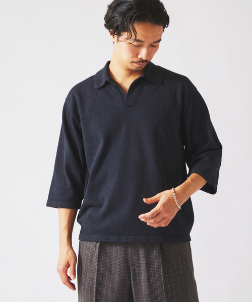 JOURNAL STANDARD relume（ジャーナルスタンダード　レリューム）の「ウォッシャブル ブークレニット スキッパー ポロシャツ（Tシャツ/カットソー・メンズ・ネイビー/スカイブルー/ライトイエロー・MEDIUM/LARGE）」の10枚目の写真