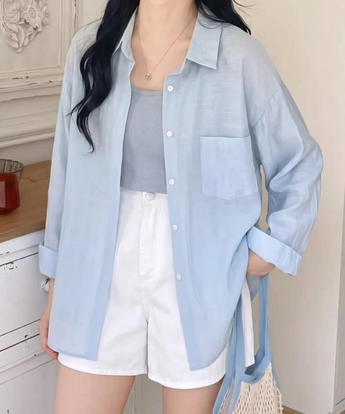 yuue' ( wear )(ユーイ)の「オーバーサイズセミシアーシャツ/冷房対策 UVカット(シャツ/ブラウス・レディース・ホワイト/ピンク/ブルー/グリーン/アイボリー・FREE)」の5枚目の写真