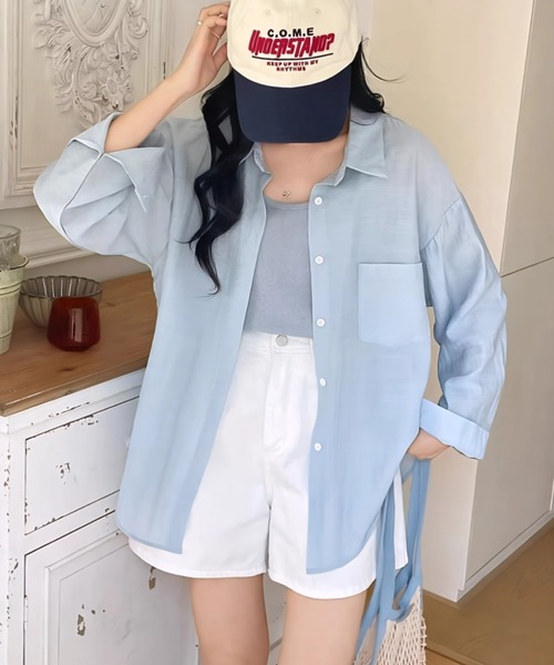 yuue' ( wear )(ユーイ)の「オーバーサイズセミシアーシャツ/冷房対策 UVカット(シャツ/ブラウス・レディース・ホワイト/ピンク/ブルー/グリーン/アイボリー・FREE)」の12枚目の写真