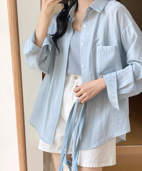yuue' ( wear )(ユーイ)の「オーバーサイズセミシアーシャツ/冷房対策 UVカット(シャツ/ブラウス・レディース・ホワイト/ピンク/ブルー/グリーン/アイボリー・FREE)」の16枚目の写真