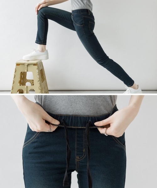 aity(アイティ)の「M-4L 紐付きゴムウエスト スキニーデニムパンツ(デニムパンツ・レディース・ネイビー/ブルー/ワンウォッシュ・3L/LL/L/M/4L)」の4枚目の写真
