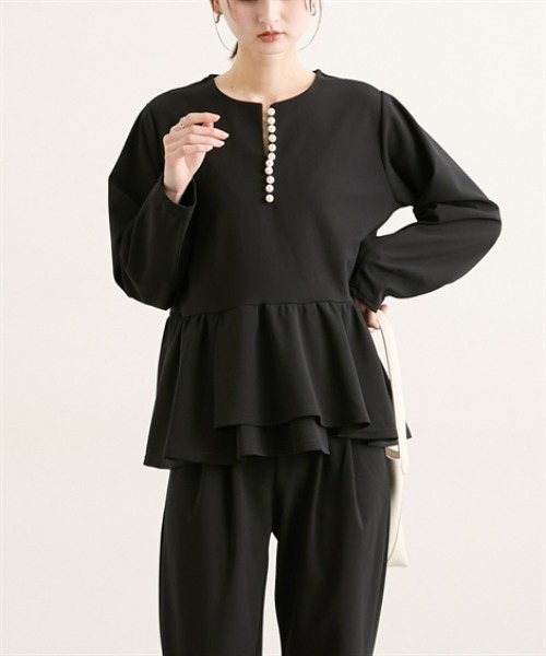 nissen（ニッセン）の「パール調ビジューペプラムカットソートップス【セットアップ対応】（Tシャツ/カットソー・レディース・チャコール/ブラック/オフホワイト・L/M）」の11枚目の写真