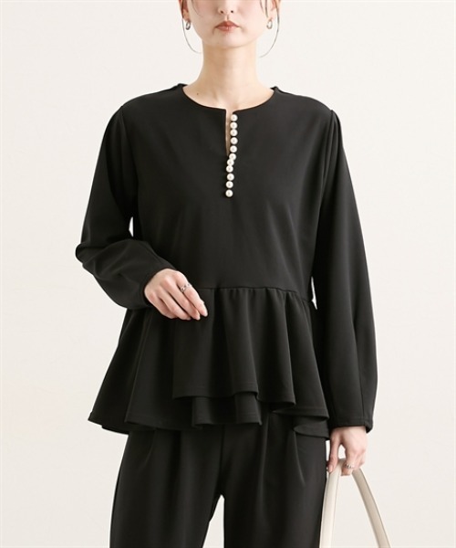 nissen（ニッセン）の「パール調ビジューペプラムカットソートップス【セットアップ対応】（Tシャツ/カットソー・レディース・チャコール/ブラック/オフホワイト・L/M）」の10枚目の写真