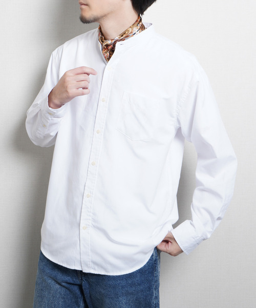ZIP FIVE(ジップファイブ)の「高密度編み オックスフォード 無地&ストライプ 2タイプ 長袖バンドカラーシャツ(シャツ/ブラウス・メンズ・ブルー/グレー/ブルー系/ホワイト・MEDIUM/LARGE/X-LARGE)」の1枚目の写真