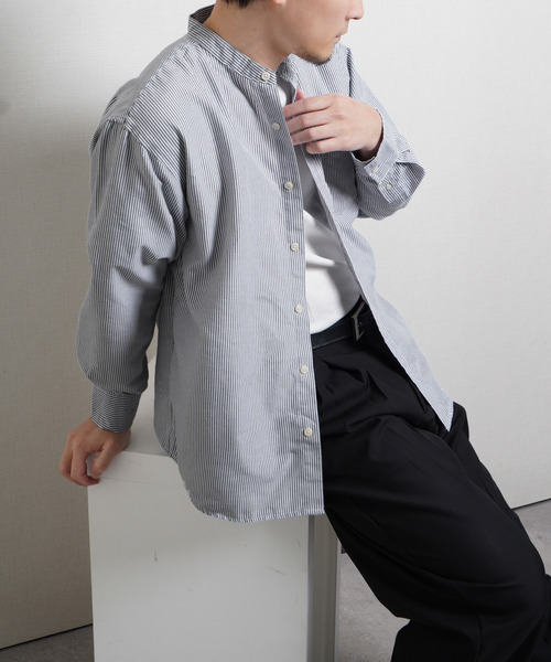 ZIP FIVE(ジップファイブ)の「高密度編み オックスフォード 無地&ストライプ 2タイプ 長袖バンドカラーシャツ(シャツ/ブラウス・メンズ・ブルー/グレー/ブルー系/ホワイト・MEDIUM/LARGE/X-LARGE)」の20枚目の写真