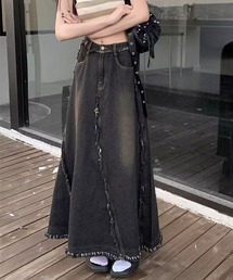 リメイク風 フリンジ切替デニムロングスカート