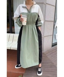 配色スタンドカラーワンピース