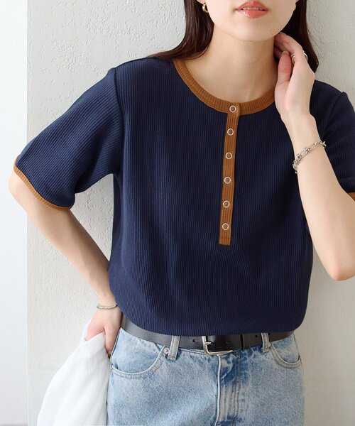 DISCOAT（ディスコート）の「バイカラーリングドットヘンリー5分袖プルオーバー（Tシャツ/カットソー・レディース・アイボリー/ボルドー/ネイビー・FREE）」の3枚目の写真