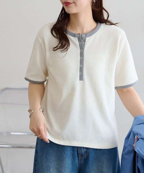 DISCOAT（ディスコート）の「バイカラーリングドットヘンリー5分袖プルオーバー（Tシャツ/カットソー・レディース・アイボリー/ボルドー/ネイビー・FREE）」の9枚目の写真