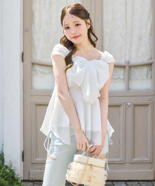 one after another NICE CLAUP(ワンアフターアナザーナイスクラップ)の「フロントリボンチュニック(タンクトップ・レディース・オフホワイト/ドット/ブラック/ピンクベージュ・FREE)」の7枚目の写真