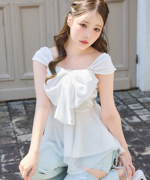 one after another NICE CLAUP(ワンアフターアナザーナイスクラップ)の「フロントリボンチュニック(タンクトップ・レディース・オフホワイト/ドット/ブラック/ピンクベージュ・FREE)」の8枚目の写真