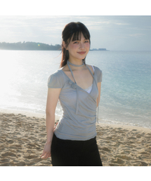 Corsage Shirring Tie T-shirt [Gray]