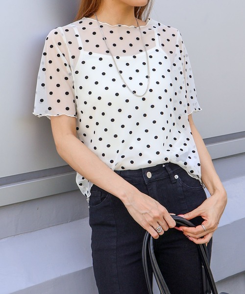SpRay(スプレイ)の「キャミソール付フロッキードットショートスリーブトップス(Tシャツ/カットソー・レディース・ブラック/アイボリー・FREE)」の3枚目の写真