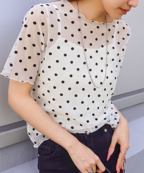 SpRay(スプレイ)の「キャミソール付フロッキードットショートスリーブトップス(Tシャツ/カットソー・レディース・ブラック/アイボリー・FREE)」の4枚目の写真