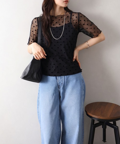 SpRay(スプレイ)の「キャミソール付フロッキードットショートスリーブトップス(Tシャツ/カットソー・レディース・ブラック/アイボリー・FREE)」の6枚目の写真