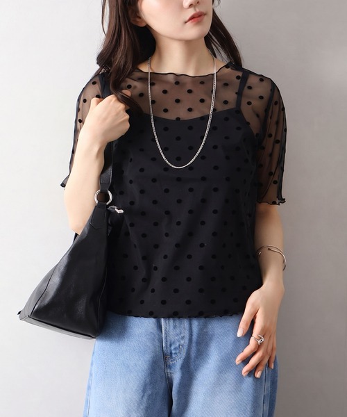 SpRay(スプレイ)の「キャミソール付フロッキードットショートスリーブトップス(Tシャツ/カットソー・レディース・ブラック/アイボリー・FREE)」の7枚目の写真