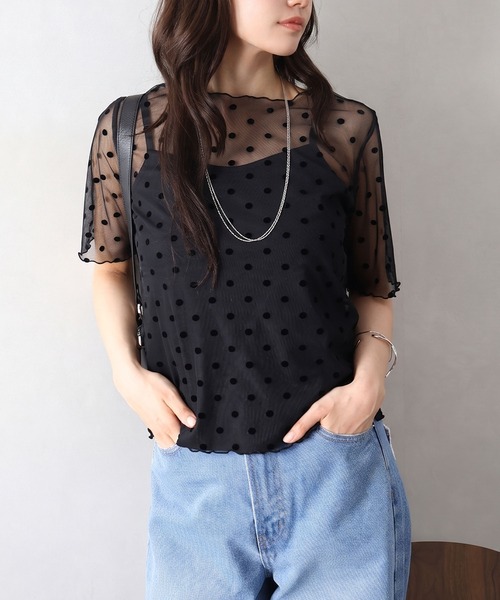 SpRay(スプレイ)の「キャミソール付フロッキードットショートスリーブトップス(Tシャツ/カットソー・レディース・ブラック/アイボリー・FREE)」の17枚目の写真