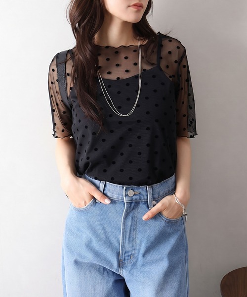 SpRay(スプレイ)の「キャミソール付フロッキードットショートスリーブトップス(Tシャツ/カットソー・レディース・ブラック/アイボリー・FREE)」の18枚目の写真