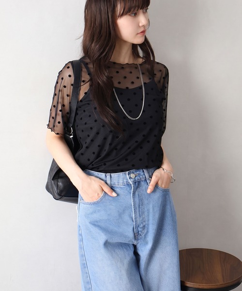 SpRay(スプレイ)の「キャミソール付フロッキードットショートスリーブトップス(Tシャツ/カットソー・レディース・ブラック/アイボリー・FREE)」の19枚目の写真