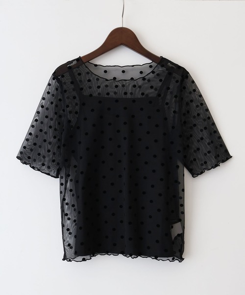 SpRay(スプレイ)の「キャミソール付フロッキードットショートスリーブトップス(Tシャツ/カットソー・レディース・ブラック/アイボリー・FREE)」の10枚目の写真