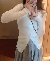 ショルダースリット入り配色Vネックリブカーディガン
