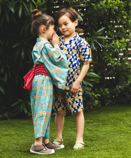 BEAMS mini(ビームスミニ)の「幾何学柄 甚平 2026SS (90~130cm)お祭り 女の子 男の子 夏休み 花火大会 夕涼み(浴衣・キッズ・ブルー/オレンジ・S(90~100)/M(110~120)/L(130~140))」の4枚目の写真