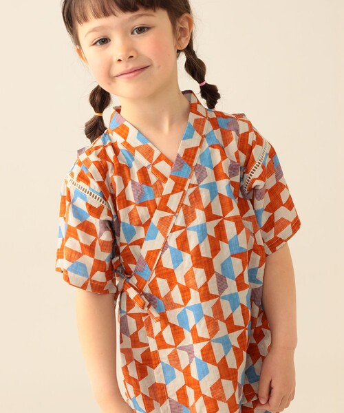 BEAMS mini(ビームスミニ)の「幾何学柄 甚平 2026SS (90~130cm)お祭り 女の子 男の子 夏休み 花火大会 夕涼み(浴衣・キッズ・ブルー/オレンジ・S(90~100)/M(110~120)/L(130~140))」の9枚目の写真