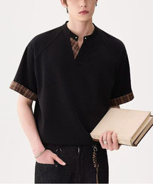 neos | 【neos】チェックレイヤード キーネック プルオーバーTシャツ フェイクレイヤード 半袖 モード 韓国ファッション(Tシャツ/カットソー)