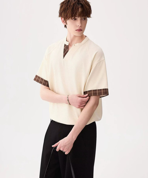 neos(ネオス)の「【neos】チェックレイヤード キーネック プルオーバーTシャツ フェイクレイヤード 半袖 モード 韓国ファッション(Tシャツ/カットソー・メンズ・ブラック/アイボリー・X-LARGE/LARGE/MEDIUM)」の8枚目の写真