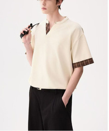 EFFECTION（エフェクション）の「【neos】チェックレイヤード キーネック プルオーバーTシャツ フェイクレイヤード 半袖 モード 韓国ファッション（Tシャツ/カットソー）」