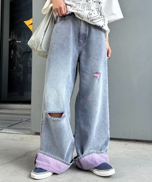 CIAOPANIC TYPY（チャオパニックティピー）の「【UNISEX】ライトオンスカラーロールアップダメージデニム（デニムパンツ・レディース・ブルー/ピンク/オレンジ/イエロー・LARGE/MEDIUM）」の3枚目の写真
