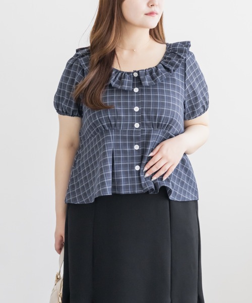 CLETTE(クレット)の「CLETTEオリジナルバルーンカラーチェックブラウス(シャツ/ブラウス・レディース・ブラック/グレー/ブルー・4L/3L/LL)」の3枚目の写真