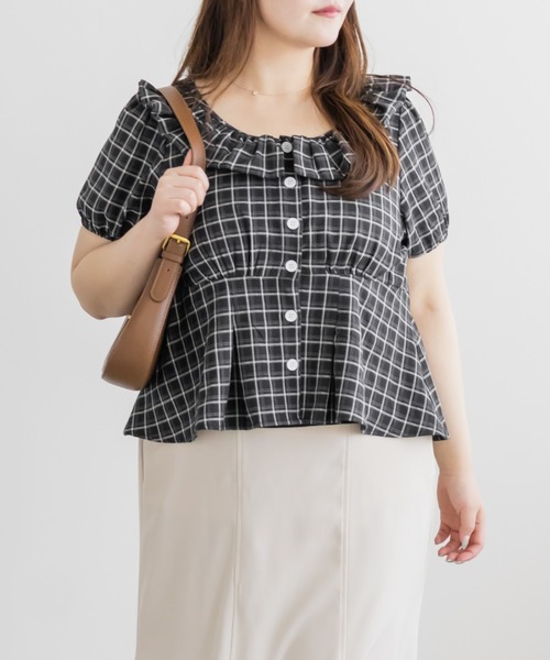 CLETTE(クレット)の「CLETTEオリジナルバルーンカラーチェックブラウス(シャツ/ブラウス・レディース・ブラック/グレー/ブルー・4L/3L/LL)」の2枚目の写真