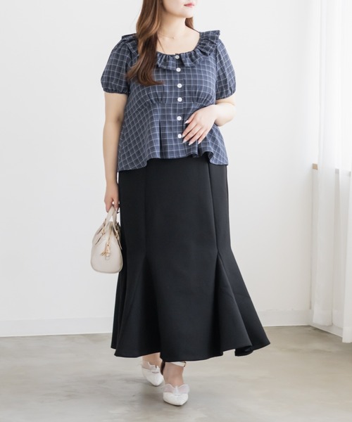 CLETTE(クレット)の「CLETTEオリジナルバルーンカラーチェックブラウス(シャツ/ブラウス・レディース・ブラック/グレー/ブルー・4L/3L/LL)」の4枚目の写真