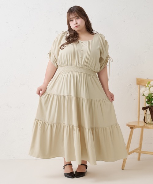 Louiosy(ルオシー)の「【Louiosy】【大きいサイズ】ショルダーギャザーティアードワンピース(ワンピース・レディース・ベージュ/ダークブラウン・4L/3L)」の4枚目の写真
