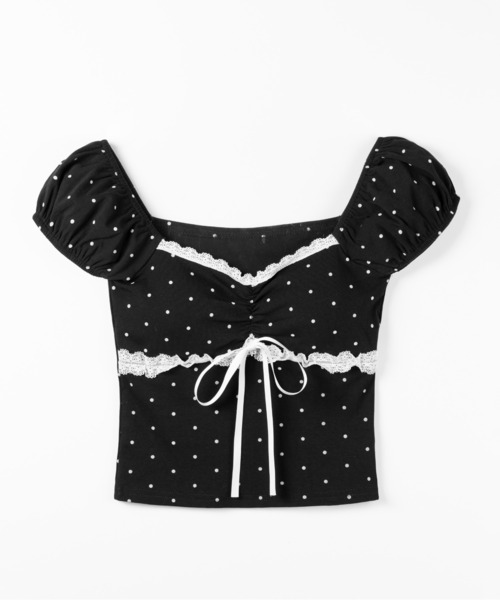 me+em select(ミームセレクト)の「【 3color 】ドットレースリボンギャザーオフショルトップス / dot lace ribbon gathered off shoulder tops(Tシャツ/カットソー・レディース・ブラック/ホワイト/グレー・FREE)」の6枚目の写真