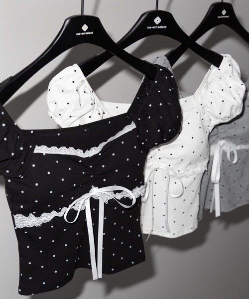 me+em select(ミームセレクト)の「【 3color 】ドットレースリボンギャザーオフショルトップス / dot lace ribbon gathered off shoulder tops(Tシャツ/カットソー・レディース・ブラック/ホワイト/グレー・FREE)」の10枚目の写真