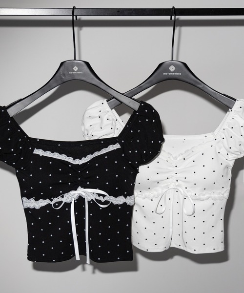 me+em select(ミームセレクト)の「【 3color 】ドットレースリボンギャザーオフショルトップス / dot lace ribbon gathered off shoulder tops(Tシャツ/カットソー・レディース・ブラック/ホワイト/グレー・FREE)」の11枚目の写真