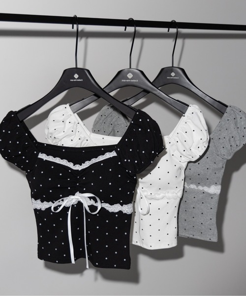 me+em select(ミームセレクト)の「【 3color 】ドットレースリボンギャザーオフショルトップス / dot lace ribbon gathered off shoulder tops(Tシャツ/カットソー・レディース・ブラック/ホワイト/グレー・FREE)」の9枚目の写真