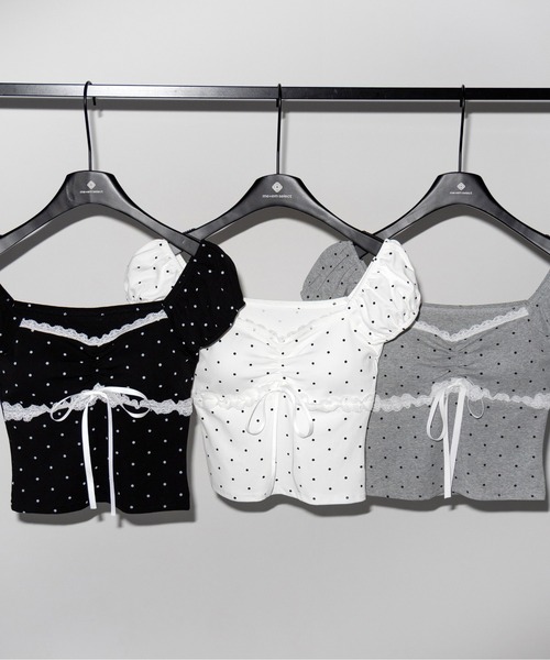 me+em select(ミームセレクト)の「【 3color 】ドットレースリボンギャザーオフショルトップス / dot lace ribbon gathered off shoulder tops(Tシャツ/カットソー・レディース・ブラック/ホワイト/グレー・FREE)」の12枚目の写真